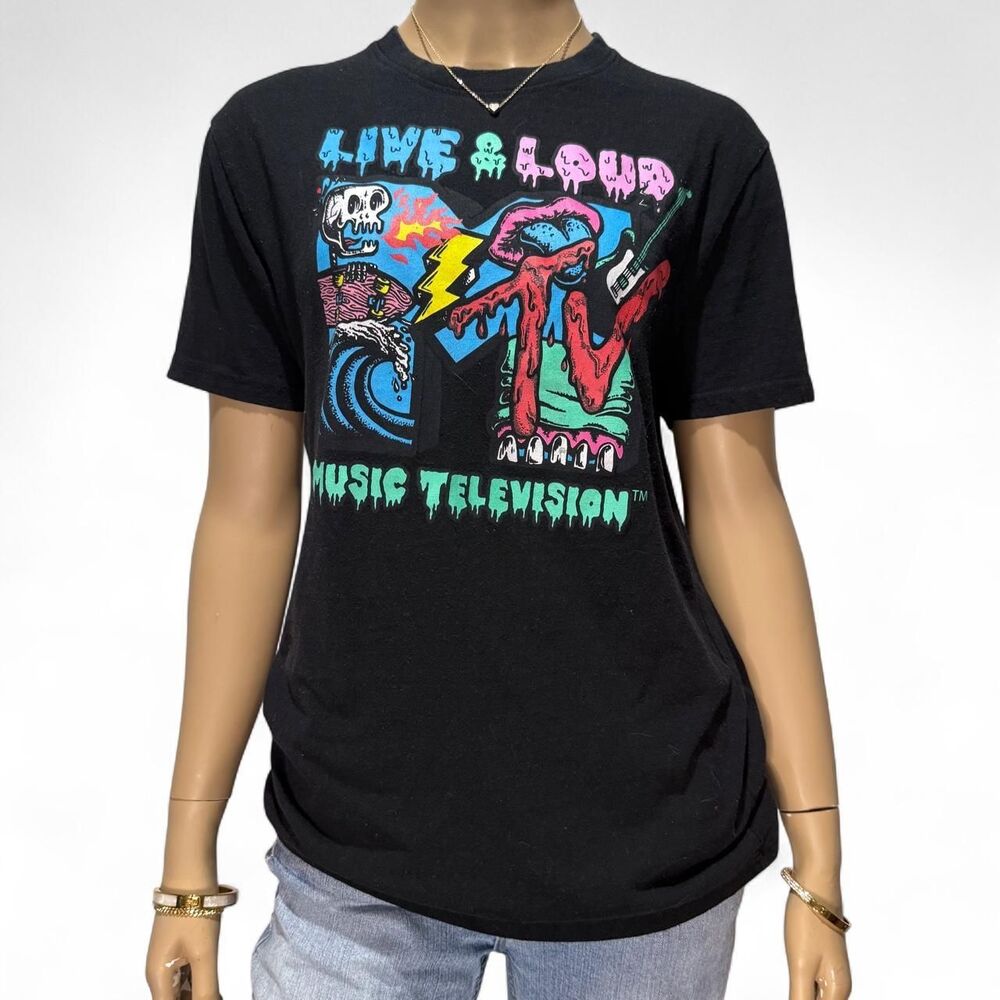 MTV Live & Loud Graphic Tee Unisex Medium Black Shirt Top Grunge Skater Street